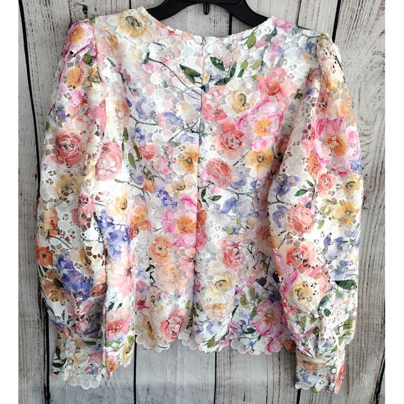 Boston Proper NEW Garden Floral Lace Fitted Bodice Puff Slv V-Neck Blouse Medium - Picture 9 of 15